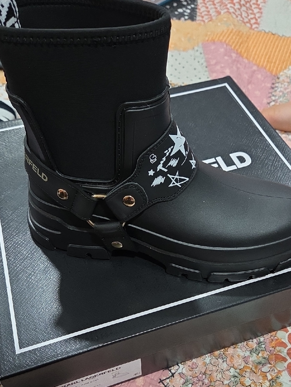 Karl Lagerfeld Black Ankle Rain Boot with Star Graphic
